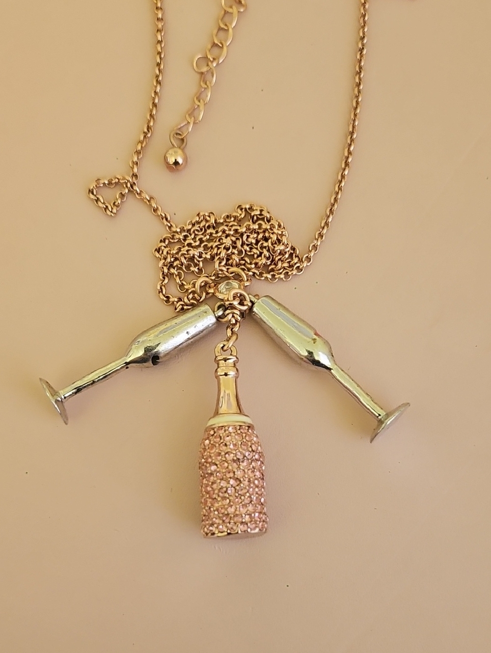 Gold-Tone Champagne Bottle & Glass Pendant Necklace - Women Jewelry Vintage